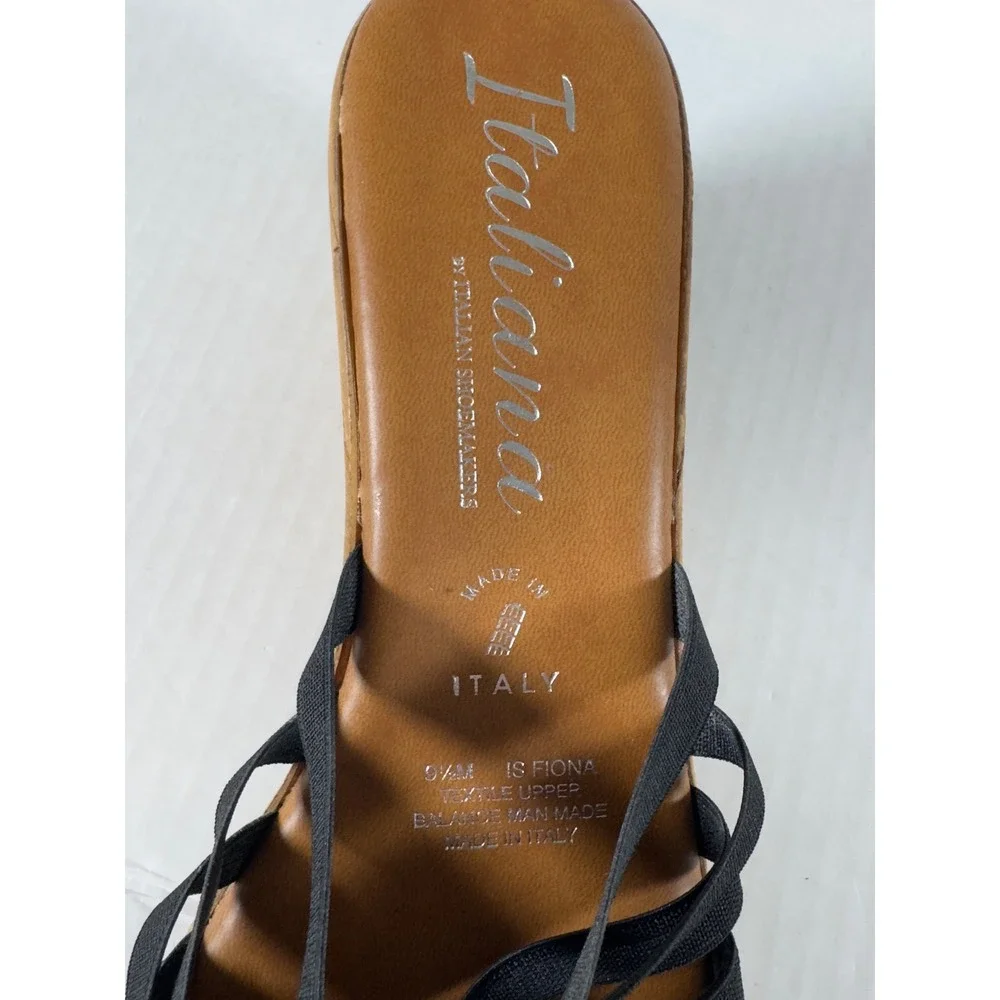 Italiana Women's Black Wedge Sandals Embellished‎ Elastic Straps Italian Made